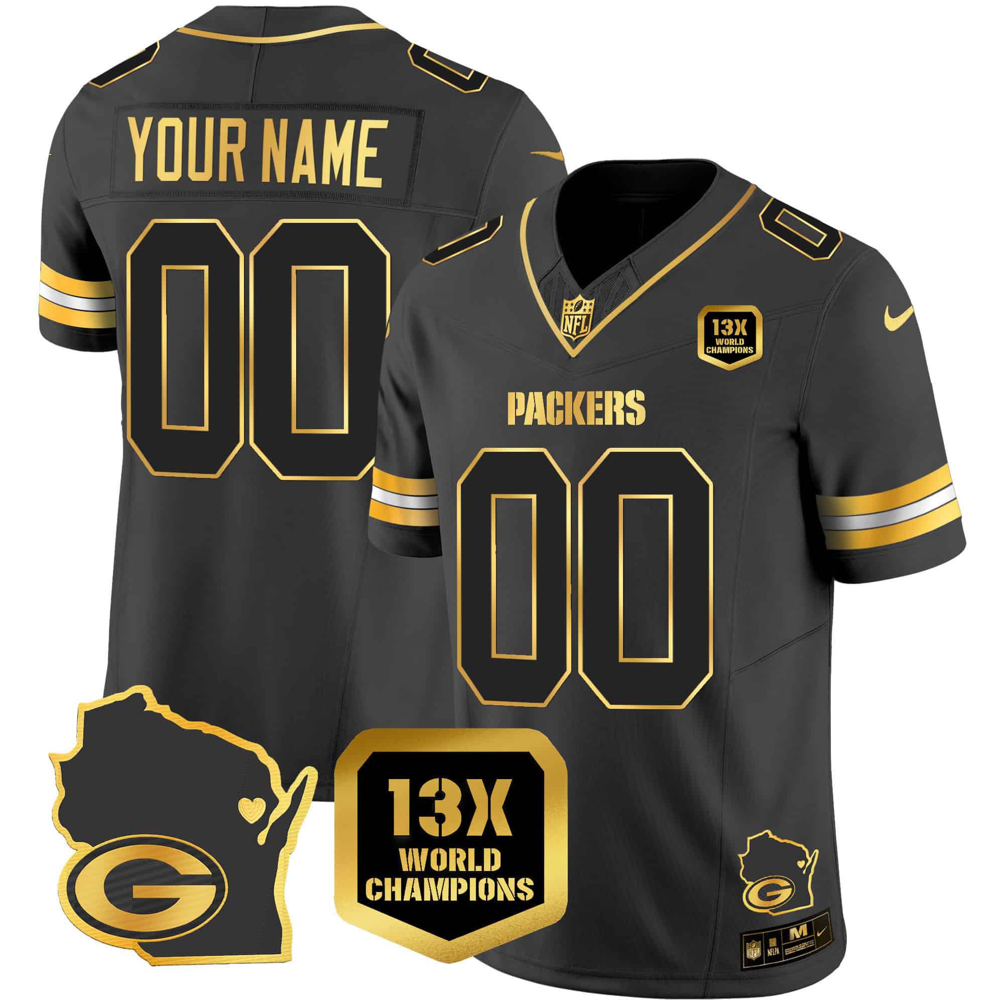 Men Green Bay Packers Black Gold 2024 Nike World Champions Home Patch Vapor Custom NFL Jersey style 2